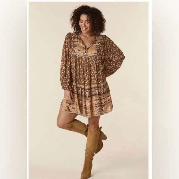 New SPELL MADAME PEACOCK BOHO festival Relax fit MINI DRESS - COFFEE - Picture 3 of 14